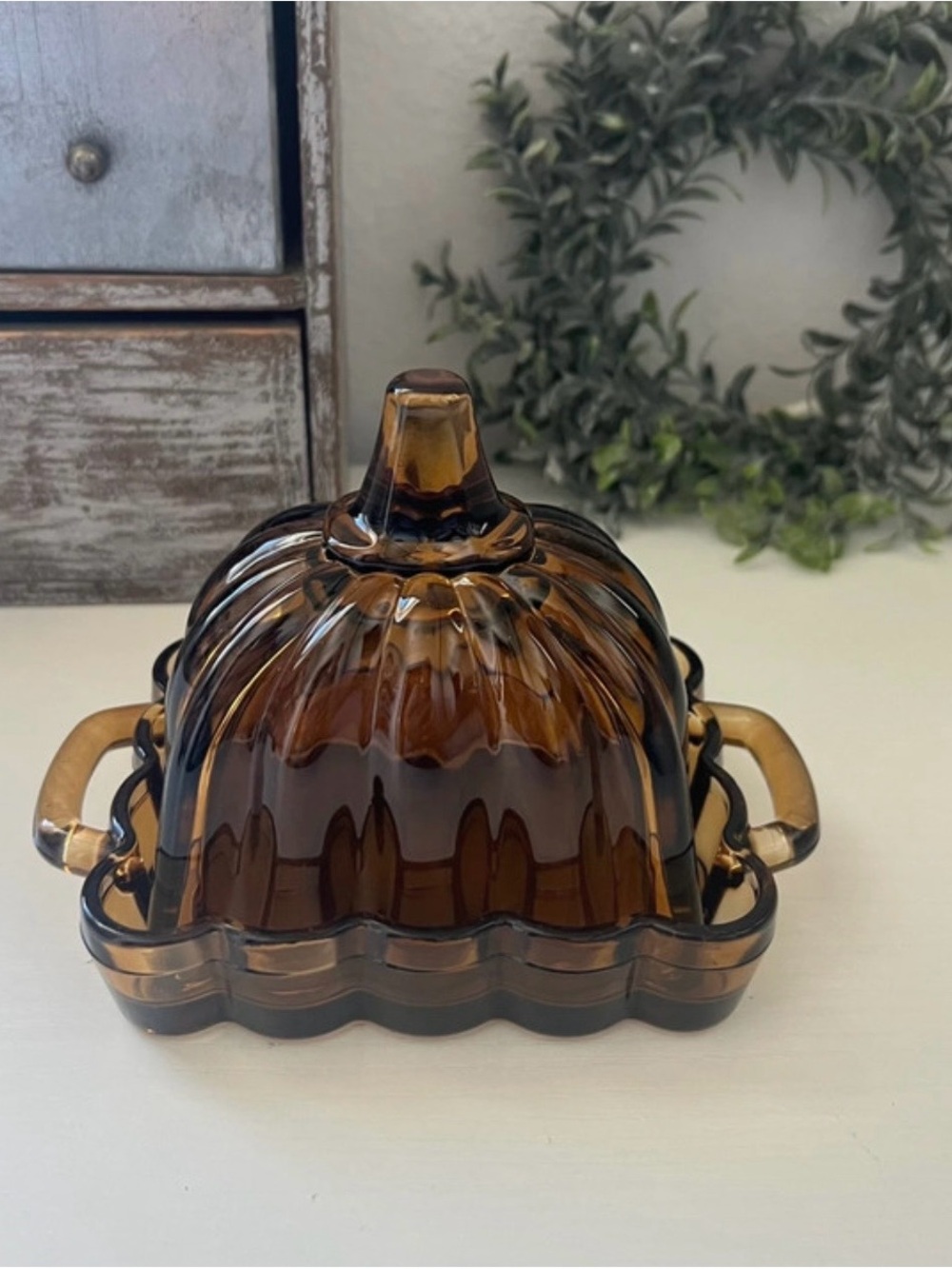 Brown Glass Pumpkin-Shaped Butter Dish